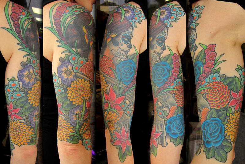 Flowers And Day Of The Dead Girl Tattoo On Half Sleeve